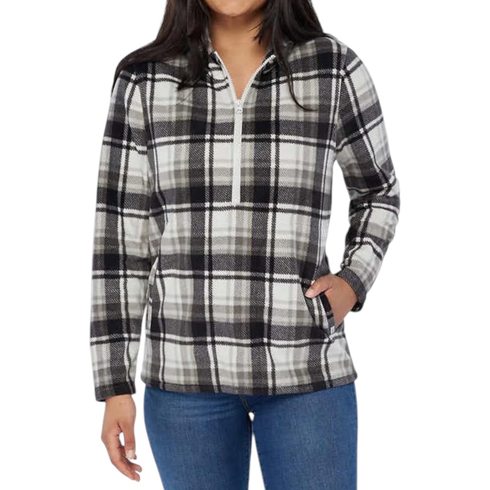 O'Neill Julia Fleece Hoodie Womens XL Black White Plaid 1/2 Zip Layer Pullover